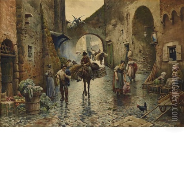 Tivoli Via Del Colonnato Scene Oil Painting - Ettore Roesler Franz