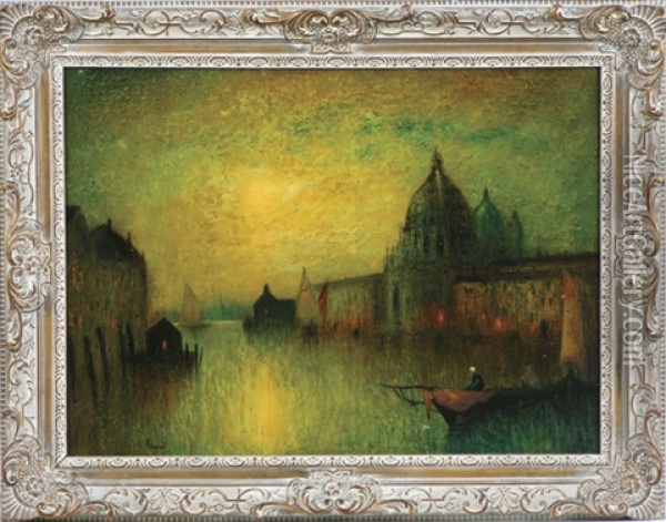 An Impressionistic/tonalist Venice, Canal Scene At Sunset Oil Painting - George Henry Bogert