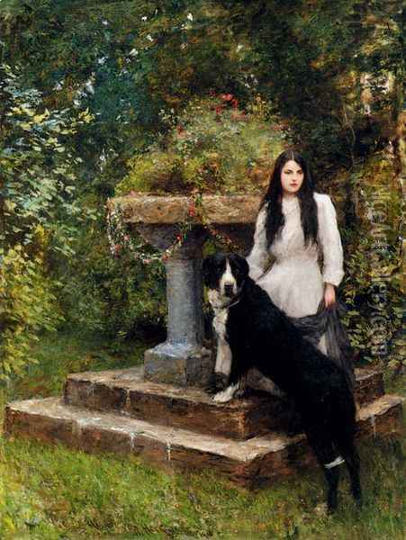 A Young Girl And Her Dog Oil Painting - Sir Hubert von Herkomer