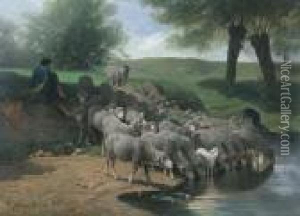 Un Berger Se Reposant Avec Ses Moutons Oil Painting - Charles Emile Jacque