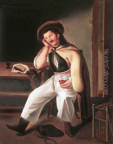 In the Tavern Oil Painting - Karoly Kisfaludy