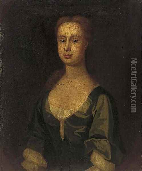 Portrait of a lady, bust-length, in a blue dress, feigned Oil Painting - English Provincial School