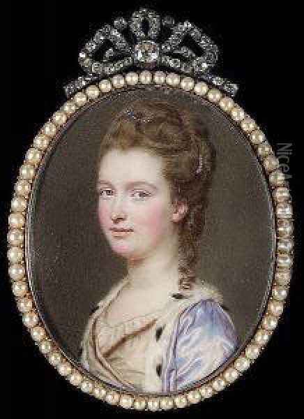 A Peeress, Wearing 
Ermine-trimmed Mauve Satin Robe Over White Dress, A Jewelled Clip And 
Strand Of Pearls In Her Brown Hair, Upswept And With A Curl Falling Over
 Her Left Shoulder Oil Painting - John I Smart