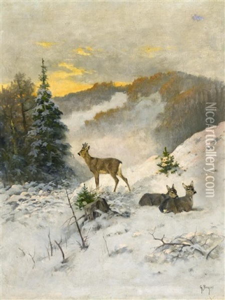 Rehe Im Winter Oil Painting - Georg Berger