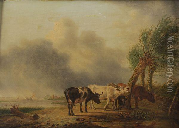 Vaches Au Bord D'un Etang Oil Painting - Janbaptist Ii Kobell