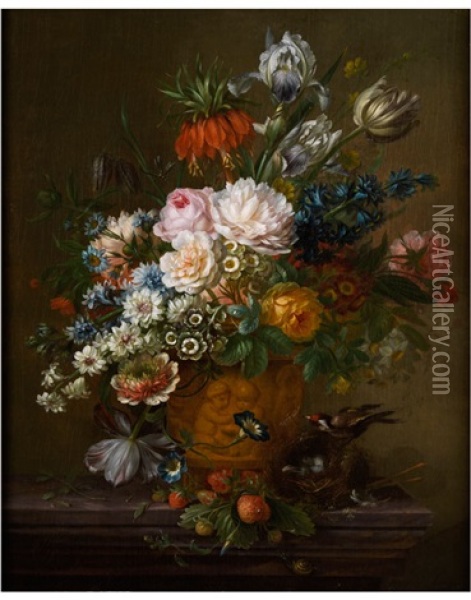 Blumenstillleben Mit Voglein Auf Einem Vogelnest Sowie Erdbeeren Oil Painting - Willem van Leen