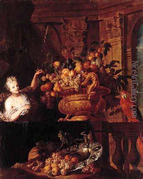 A silver-gilt bowl, grapes, peaches, oranges, figs and a basket of fruit with a monkey and a squirrel on a ledge, with a lady before a portico Oil Painting - Jan Pauwel II the Younger Gillemans