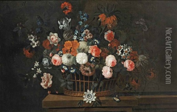 A Wicker Basket With Roses, Tulips, Hyacinths And Other Flowers, On A Wooden Ledge Oil Painting - Simon Hardime