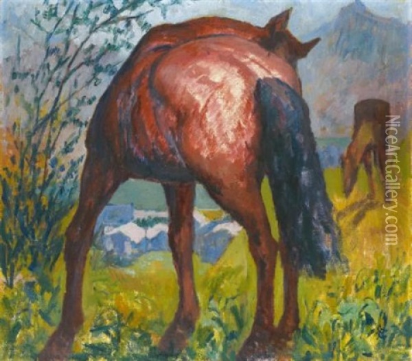 Cavallo Rosso; Red Horse Oil Painting - Giovanni Giacometti