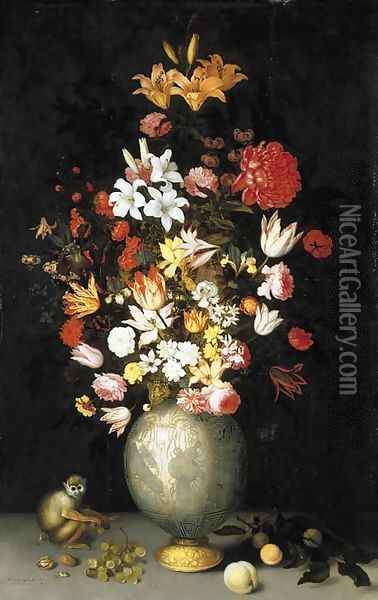 Lilies, roses, irises, tulips, narcissi, carnations and other flowers in a Chinese celadon ormulu-mounted vase, with a squirrel monkey, apricots Oil Painting - Balthasar Van Der Ast