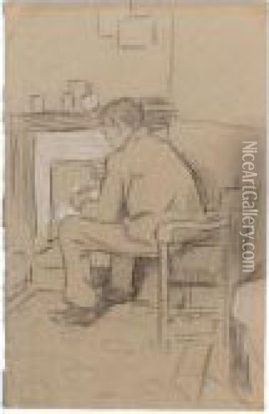 Figure Seated By The Fire, Possibly Phil May Oil Painting - William Rothenstein