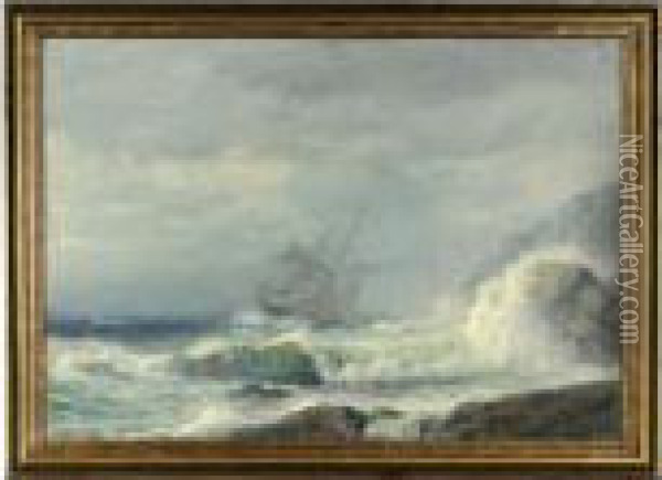 A Ship Off A Rocky Coast In A Storm Oil Painting - James Gale Tyler
