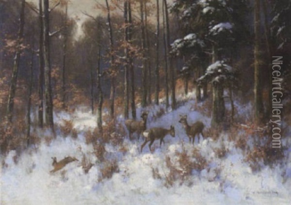 Rehe Im Winterwald Oil Painting - Otto Scheuerer