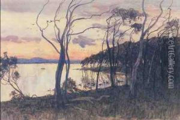 Tuggerah Lakes At Sunset Oil Painting - Albert Henry Fullwood