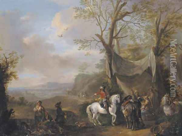 An extensive landscape with a hunting party taking refreshment under an awning Oil Painting - Carel van Falens or Valens