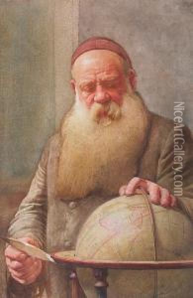 An Elderly Man Studying A Globe Oil Painting - Benjamin Williams