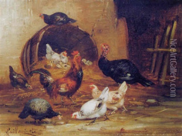 Coq Defendant Ses Poussins D'un Dindon Oil Painting - Claude Guilleminet