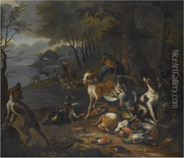 A Wooded Landscape With Huntsmen
 And Their Hounds On The Banksof A Lake, An Abundance Of Dead Game In 
The Foreground Oil Painting - Adriaen de Gryef