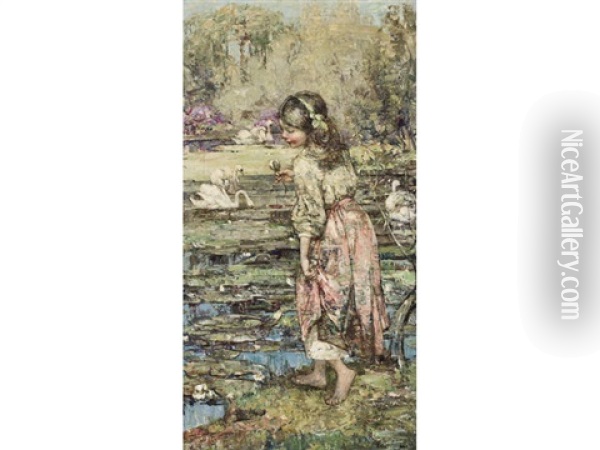Girl And Swans Oil Painting - Edward Atkinson Hornel