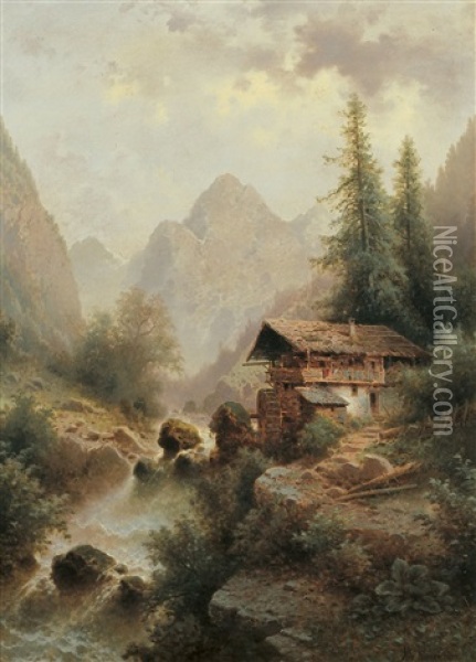Wildbach Mit Muhle Im Ampezzotal Oil Painting - Albert Rieger