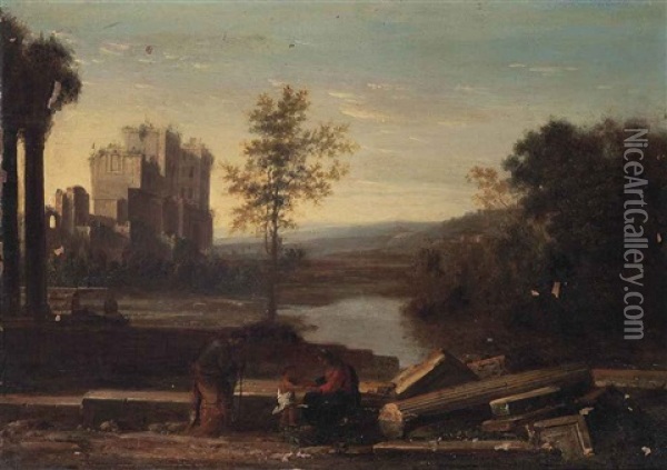 An Italianate Landscape With Classical Figures Amongst Ruins Oil Painting - Pierre Patel