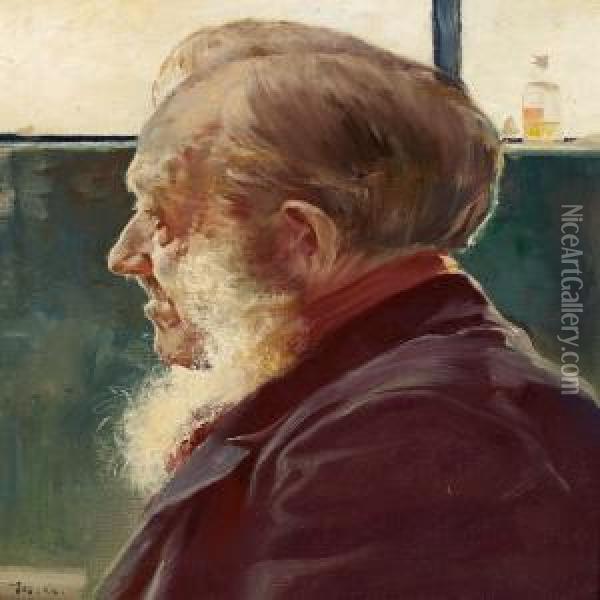 A Man Seen In Profile With A Window And A Bottle In The Background Oil Painting - Michael Ancher
