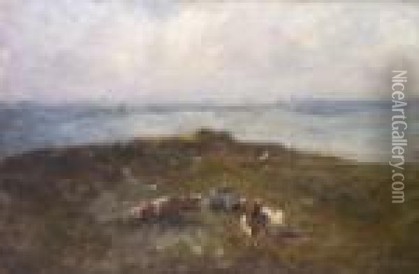 Cattle Resting On A Headland With Distant Yachts Oil Painting - Nathaniel Hone