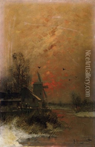 Gehoft Mit Windmuhle Am Winterabend Oil Painting - Johann Jungblut