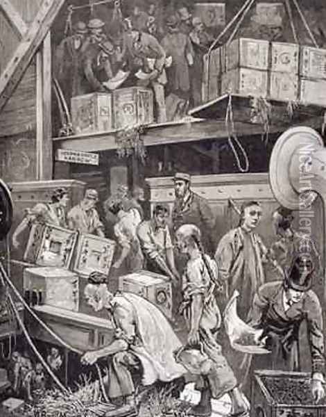 Breaking Bulk on Board a Tea Ship in the London Docks Oil Painting - William Bazett Murray