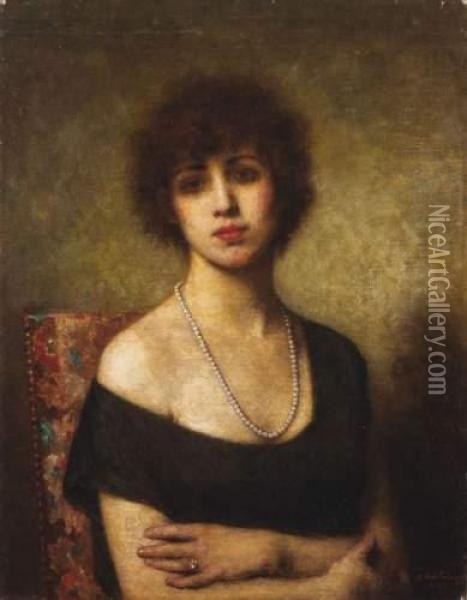 Femme En Noir Au Collier De Perles Oil Painting - Alexei Alexeivich Harlamoff
