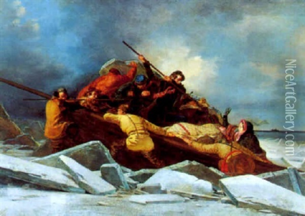 En Isbad I En Farlig Stilling Imellem Drivisen I Storebaelt, Vinteren 1849-1850 Oil Painting - Sophus Schack