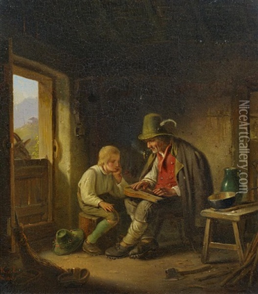 Zupfbrettspieler Und Bub In Der Stube Oil Painting - Karl Von Enhuber