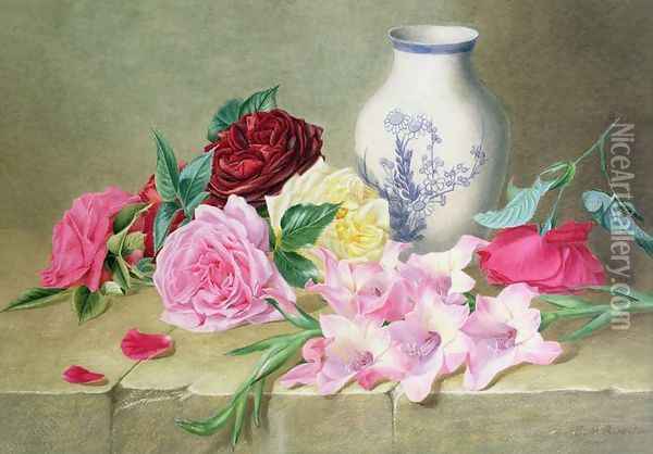Still Life of Roses and Gladioli Oil Painting - Ellen Mary Rosenberg