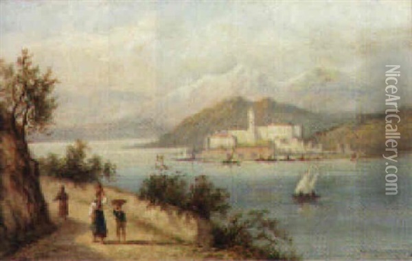 Figures On The Banks Of An Italian Lake With A Town Beyond Oil Painting - William Raymond Dommersen