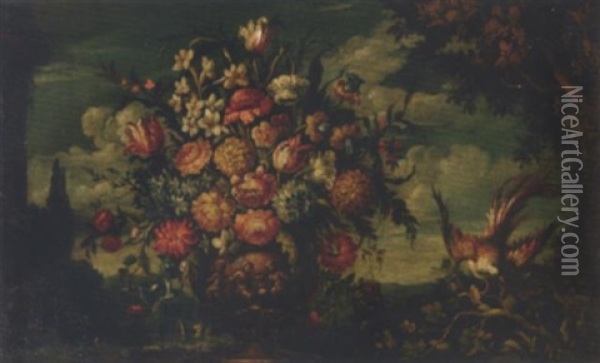 Roses, Peonies, Tulips And Other Flowers In A Sculpted Vase, With A Bird, In A Landscape Oil Painting - Margherita Caffi