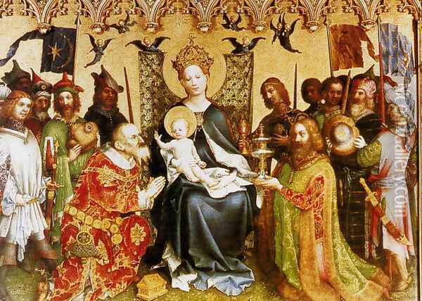 Adoration Of The Magi (central panel of the altarpiece of the Patron Saints of Cologne) Oil Painting - Stefan Lochner
