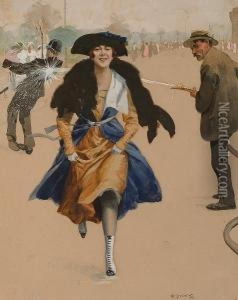 Girl Running With Policeman In The Background. Oil Painting - Artus Scheiner