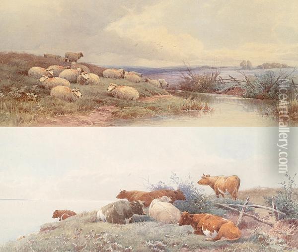 Coastal Scene With Cattle Resting; And Another Of A River Landscape With Sheep Oil Painting - Thomas, Tom Rowden