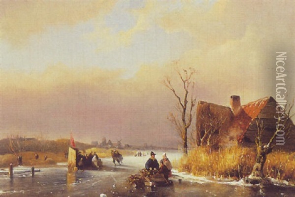 Figures In A Winter Landscape Oil Painting - Everhardus Koster