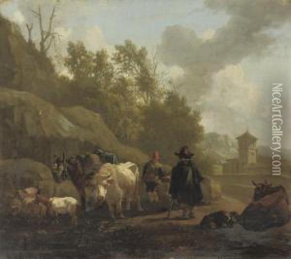 A Cowherd And Cattle In An Italianate Landscape Oil Painting - Willem Romeyn