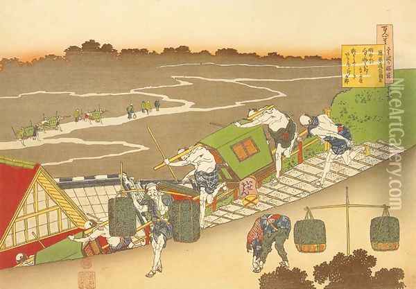 Palanquin Bearers on a Steep Hill (Fujiwara no Michinobu ason) Oil Painting - Katsushika Hokusai