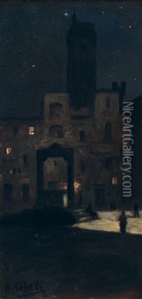Animazione Serale A San Gimignano Oil Painting - Antonio Salvetti