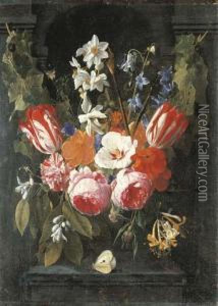 A Swag Of Tulips, Peonies, 
Carnations, Narcissi And Other Flowers With A Butterfly In A Stone Niche Oil Painting - Nicolas Van Veerendael