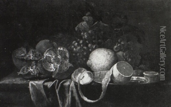 A Lemon On A Silver Plate With Pomegranates And Grapes On A Draped Table Oil Painting - Alexander Coosemans
