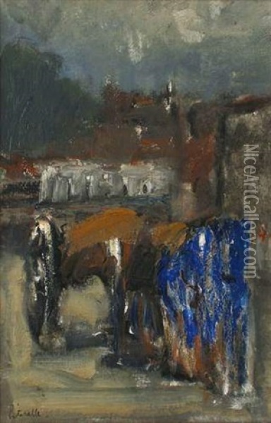 La Charrette Aux Chevaux Bleus Oil Painting - Adolphe Peterelle