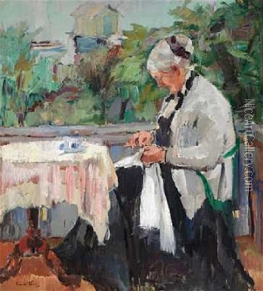 Handarbeide Pa Terrassen Oil Painting - Henrik Louis Lund