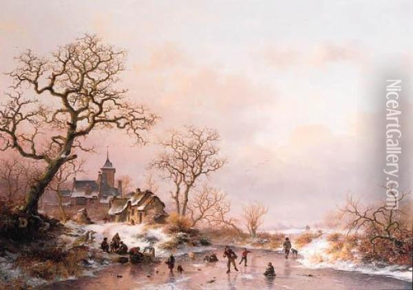 Winter: Townsfolk Skating On A Frozen Waterway Near A Fortifiedmansion At Dusk Oil Painting - Frederik Marianus Kruseman
