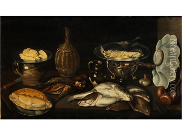 Stillleben Mit Fischen, Brot, Zwiebeln, Einer Weinflasche Und Geschirr Oil Painting - Paolo Antonio Barbieri