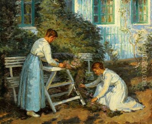 Two Women In The Garden Oil Painting - Johannes Martin Fastings Wilhjelm