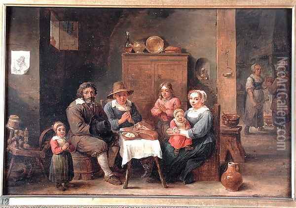 Interior with Figures Saying Grace Oil Painting - David The Younger Teniers